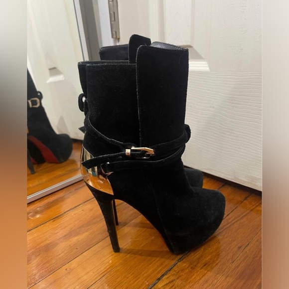 SEND OFFER Christian Louboutin Black Suede Equestrian Boot with Gold Size 6 - Picture 3 of 7